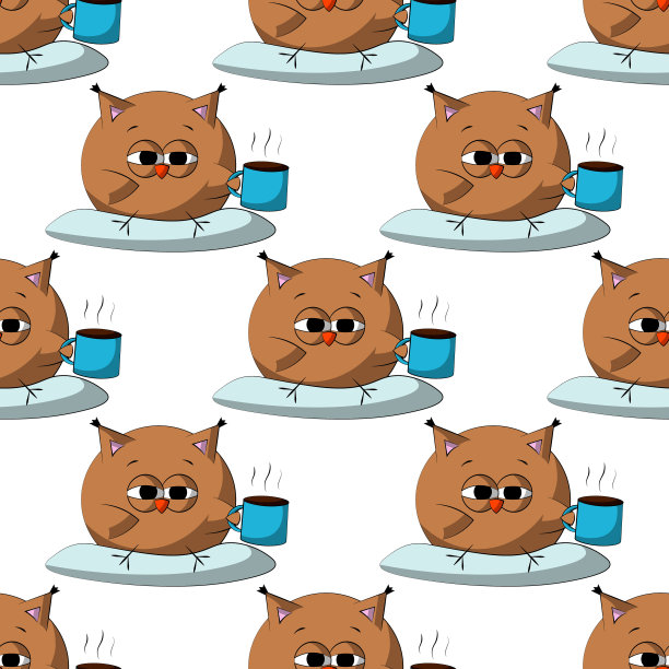 无缝矢量图案与可爱的卡通猫头鹰与枕头和咖啡图片下载