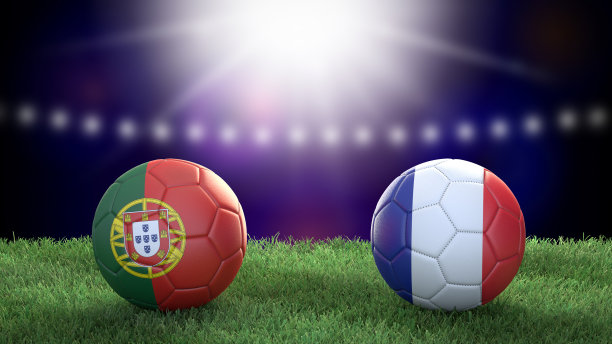 两个旗帜颜色的足球在体育场的背景模糊。葡萄牙和法国。图片下载