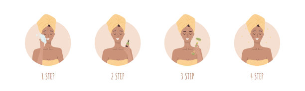 面部按摩的步骤。女人用玉石滚轮做脸部美容水疗。早晨例行公事。洗浴时间。皮肤护理的概念。有机产品。矢量插图在平面卡通风格图片下载