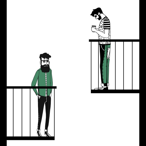 带阳台的建筑，侧视图。两个男性角色站在阳台上。走在隔离。和公寓楼里的邻居。矢量插图在平面风格图片下载