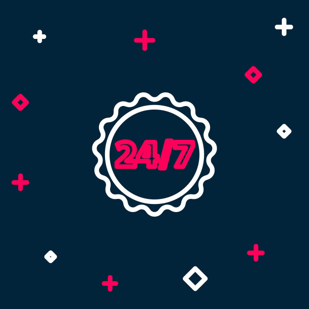 线路时钟24小时图标隔离在蓝色背景。全天循环图标。24小时服务标志。色彩斑斓的轮廓的概念。向量图片下载