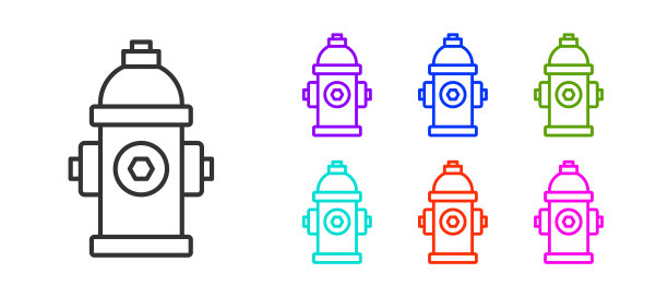 黑线消防栓图标孤立在白色背景上。设置图标丰富多彩。向量图片下载