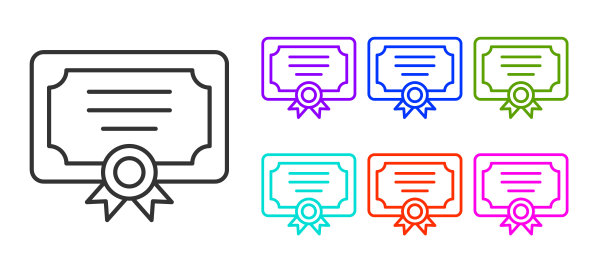 黑线证书模板图标隔离在白色背景上。成就，奖励，学位，授予，文凭概念。设置图标丰富多彩。向量图片下载