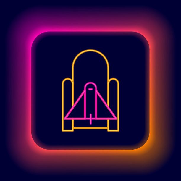 发光的霓虹线火箭发射从太空港图标孤立在黑色的背景。向太空发射火箭。色彩斑斓的轮廓的概念。向量图片下载