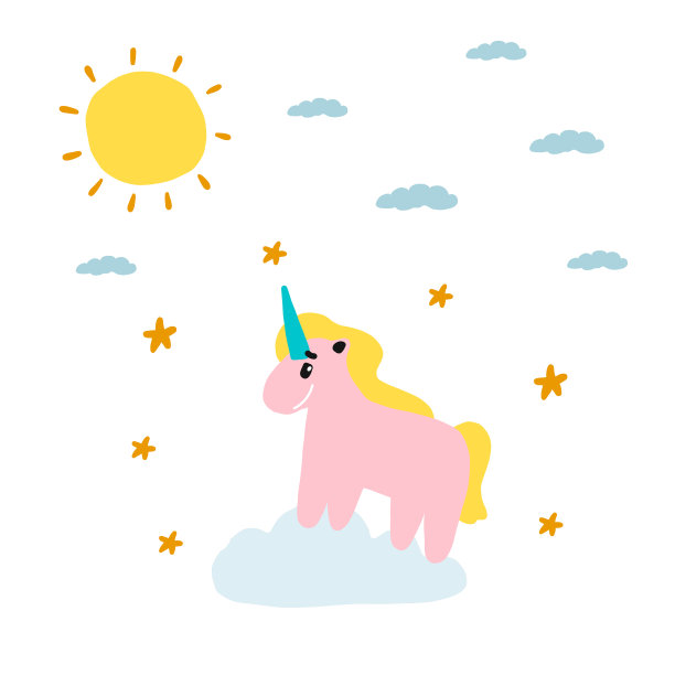 可爱的神奇独角兽在云彩和星星和太阳。儿童的性格。矢量插图在卡通风格。适合明信片、儿童海报、织物和墙纸设计。图片下载