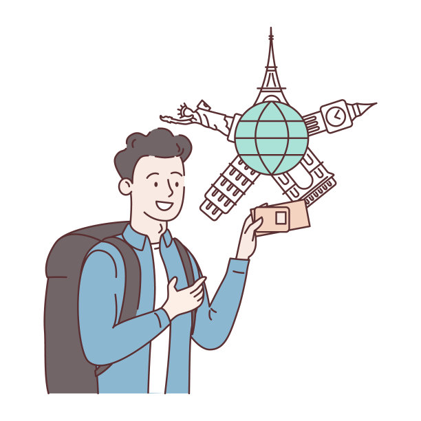 疫苗接种的护照。带着护照和世界地图背景的旅行票背包的快乐男人。景点的建筑。开放边界。假期计划。平坦的插图。图片下载