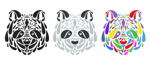 收集熊猫头的剪影从粒子或叶在手绘制的花式孤立在白色的背景。标签或海报的现代平面设计元素。矢量艺术插图。图片下载