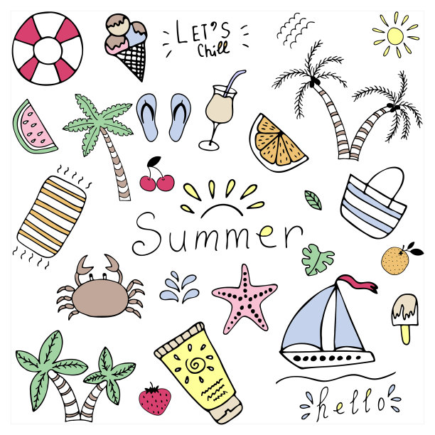 手绘的多色夏季设置在白色图片下载