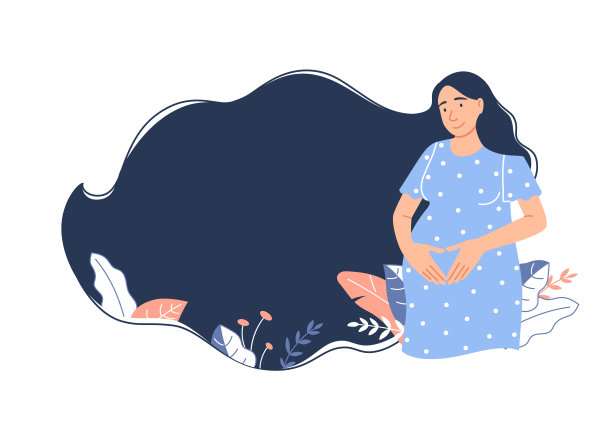 美丽快乐的怀孕女孩期待新生儿的出生。怀孕横幅，背景设计与文字复制空间。扁平可爱的女性腹部心形符号卡通现代产前矢量插图图片下载