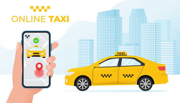 网上出租车服务理念。黄色出租车和手持智能手机与出租车应用在城市背景。矢量插图在平面风格图片下载