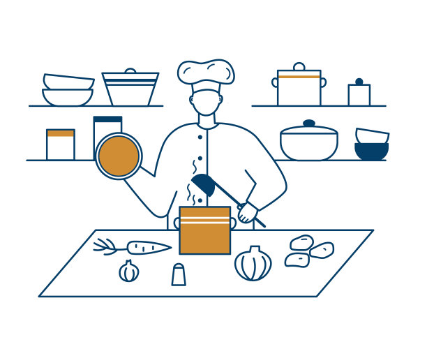 这家餐厅的厨师在做汤。厨师拿着勺子站在一个冒着热气的锅上。厨房的桌子上有蔬菜图片下载