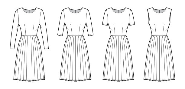 套装褶皱技术时尚插图与长肘短袖，合身的身体，膝盖长度的裙子图片下载