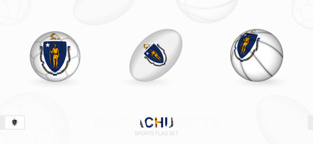 带有马萨诸塞州旗帜的足球、橄榄球和篮球运动图标图片下载
