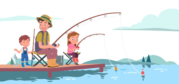 家庭享受钓鱼。渔夫父亲，女儿，儿子孩子站着，坐在河边码头的折叠凳上拿着钓竿。快乐的小男孩拿着鱼钩。平面向量插图图片下载