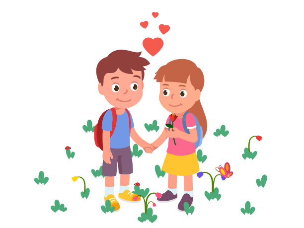 女孩和男孩的孩子夫妇站在鲜花草坪上，手牵着手看着对方的爱。孩子、朋友、角色约会。童年关系，感情浪漫平矢插画图片下载