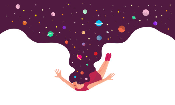 梦想插图。满头星星和行星的女人孤立地落在白色的背景上。在梦中飞行的概念。放松,做梦。矢量图图片下载