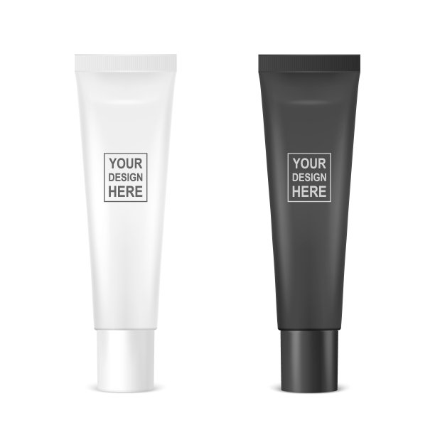 向量3d现实塑料，金属白色，黑色牙膏，唇彩，唇膏，膏霜管，包装设置隔离在白色。采购产品设计模板，牙膏，化妆品，霜的模型。前视图图片下载