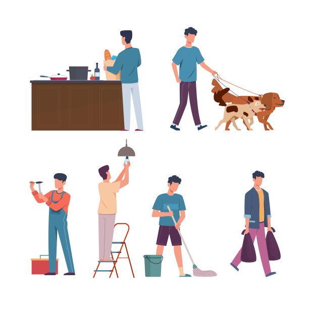 男人国内事务。管家的概念。男性拖地和倒垃圾。修理或更换灯泡。人们遛狗，购买和烹饪食物。矢量家庭场景集图片下载