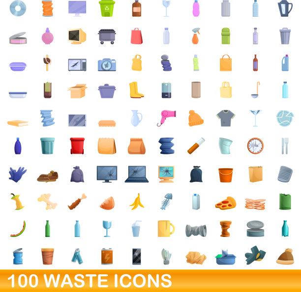 100 waste ICONS set卡通风格图片下载