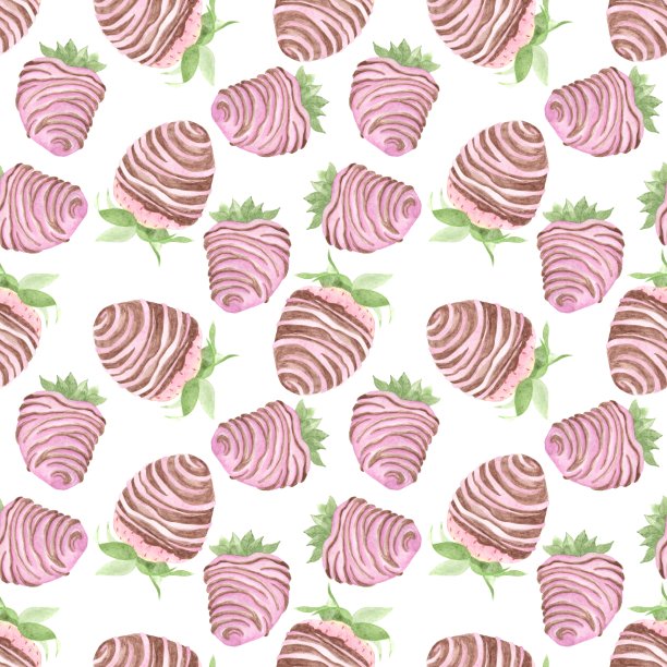 水彩无缝图案，巧克力覆盖草莓与条纹设计的牛奶和粉色巧克力在白色的背景图片下载