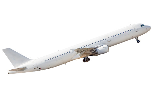 白色平面孤立在白色背景上。那架包机正在飞行图片下载