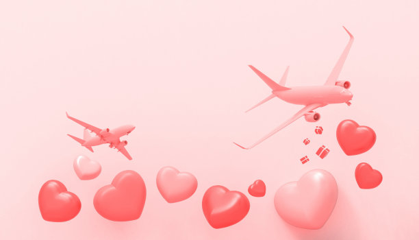 一对情侣在飞机上度蜜月。在飞机上婚礼和红心形状的婚礼卡礼盒。粉色背景上的浪漫概念。复制空间，旗帜- 3d渲染图片下载