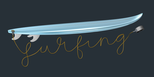一个冲浪板的皮带形成字母冲浪在一个蓝色冲浪板- 3d插图图片下载