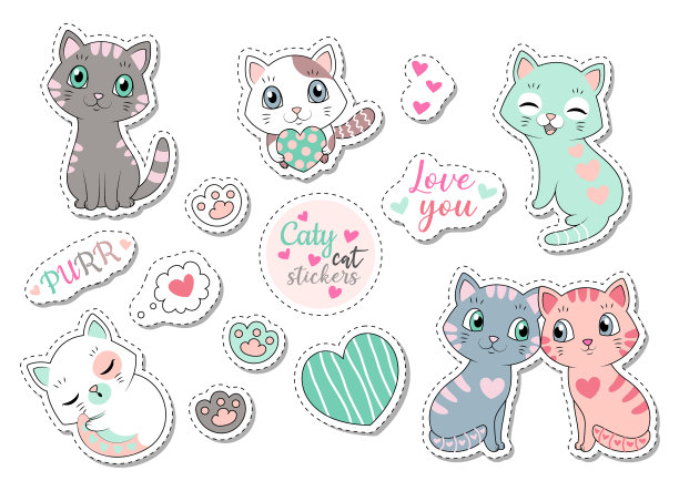设置可爱的猫贴纸，有些带有文字图片下载