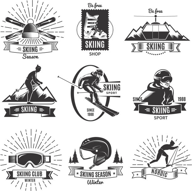 滑雪复古标签套装图片下载