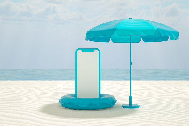 沙滩上的空屏幕智能手机，简约的夏日度假旅游概念图片下载