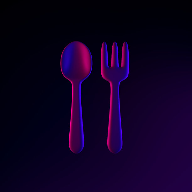 霓虹灯勺子和叉子的卡通风格图标。3d渲染界面UI ux元素。黑暗的象征。图片下载