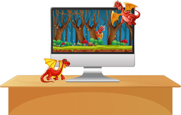电脑显示器在桌子上有龙的卡通图片下载