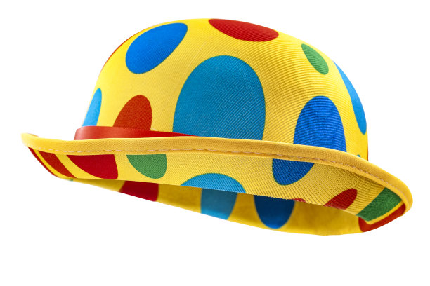 幽默的帽子概念与浮动小丑圆顶礼帽在红色，蓝色，绿色和黄色的颜色孤立在白色背景与裁剪路径切断使用幽灵人体模型技术图片下载