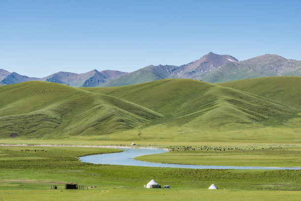 中国新疆217高速公路沿线的山区和草原，夏季图片下载