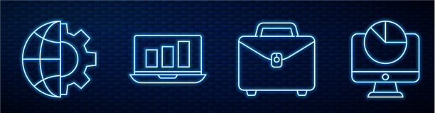 设置线公事包、地球仪和齿轮图片下载