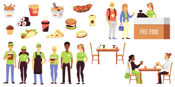 将快餐店的符号和字符设置为平面图片下载