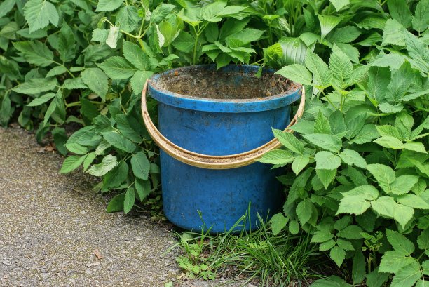 一个敞开的蓝色脏塑料桶立在灰色的人行道上图片下载