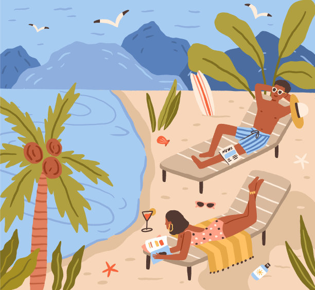 年轻人躺在沙滩上，在海上晒太阳图片下载