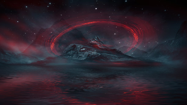 未来主义幻想的夜晚景观与抽象的景观和岛屿，光三角形，辉光，霓虹灯。黑暗的自然场景与光反射在水中。霓虹太空星系门户。3 d渲染。图片下载