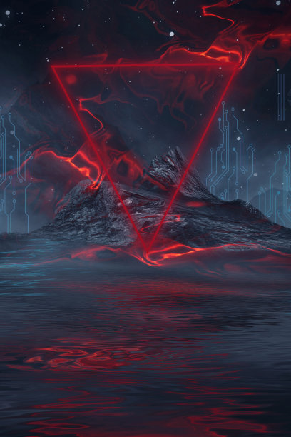 未来主义幻想的夜晚景观与抽象的景观和岛屿，光三角形，辉光，霓虹灯。黑暗的自然场景与光反射在水中。霓虹太空星系门户。3 d渲染。图片下载