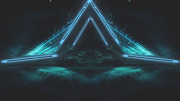 未来主义幻想的夜晚景观与抽象的景观和岛屿，光三角形，辉光，霓虹灯。黑暗的自然场景与光反射在水中。霓虹太空星系门户。3 d渲染。图片下载