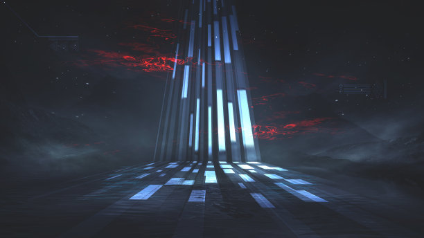 未来主义幻想的夜晚景观与抽象的景观和岛屿，光三角形，辉光，霓虹灯。黑暗的自然场景与光反射在水中。霓虹太空星系门户。3 d渲染。图片下载