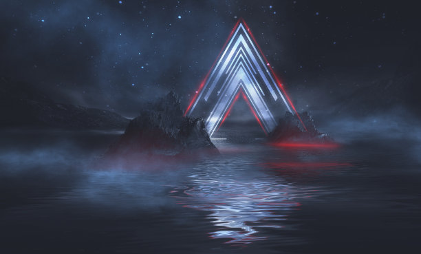 未来主义幻想的夜晚景观与抽象的景观和岛屿，光三角形，辉光，霓虹灯。黑暗的自然场景与光反射在水中。霓虹太空星系门户。3 d渲染。图片下载