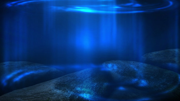 海水深，海底深，阳光透过水，水下的世界，黑暗的海的背景。水下的岩石和石头。海砂。三维渲染图片下载