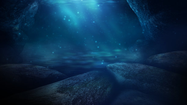 海水深，海底深，阳光透过水，水下的世界，黑暗的海的背景。水下的岩石和石头。海砂。三维渲染图片下载