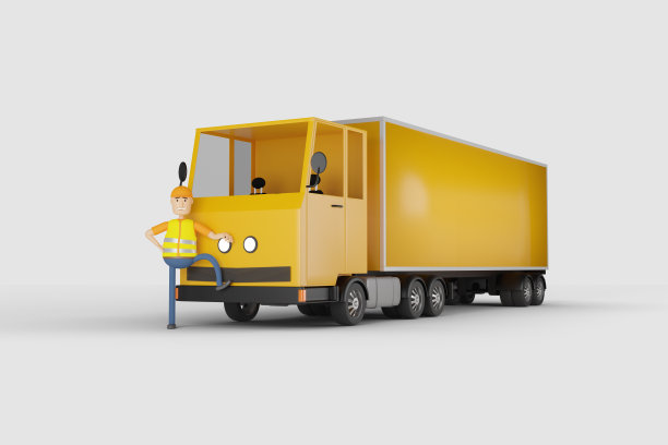 黄色卡通拖车的司机斜靠在卡车的前保险杠上。运输的概念。图片下载