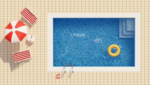 游泳池，躺椅和伞的俯视图。夏天的概念。3 d演示。图片下载
