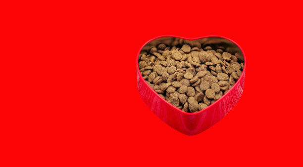 红色的心型碗，红色背景上有宠物的食物。带着爱宠物的概念。本空间图片下载