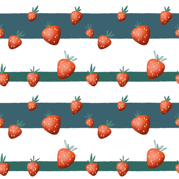 红草莓无缝图案上的绿白条纹背景。草莓图案的厨房装饰，自制果酱包，织物印花，儿童壁纸。夏季草莓重复图案瓷砖图片下载