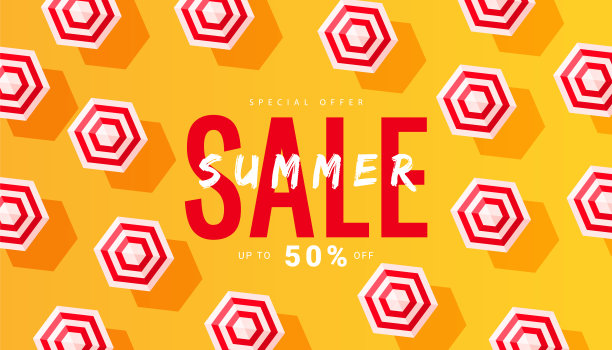 夏季销售横幅布局模板设计与阳光伞海滩配件。矢量图图片下载